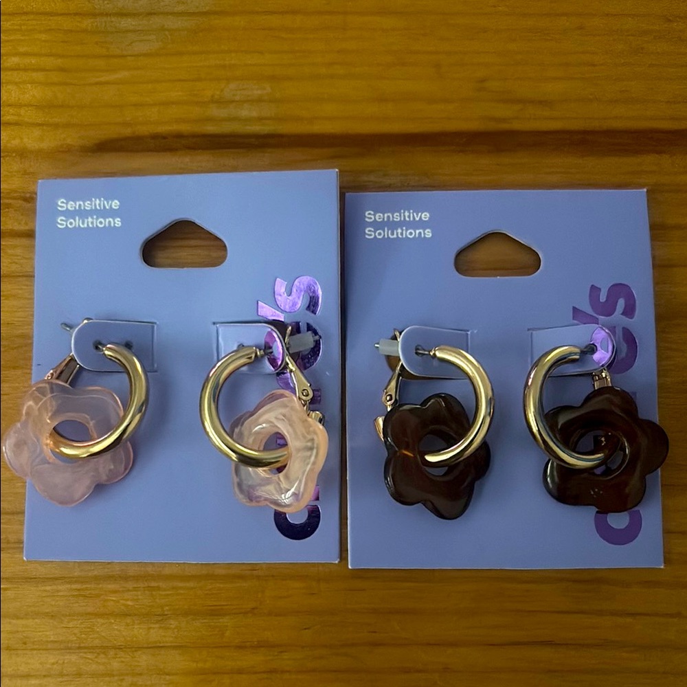 Pink and Brown Flower Hoop Earrings